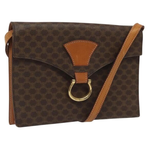 Authentic CELINE Macadam Canvas Shoulder Bag PVC Leather Brown Gold